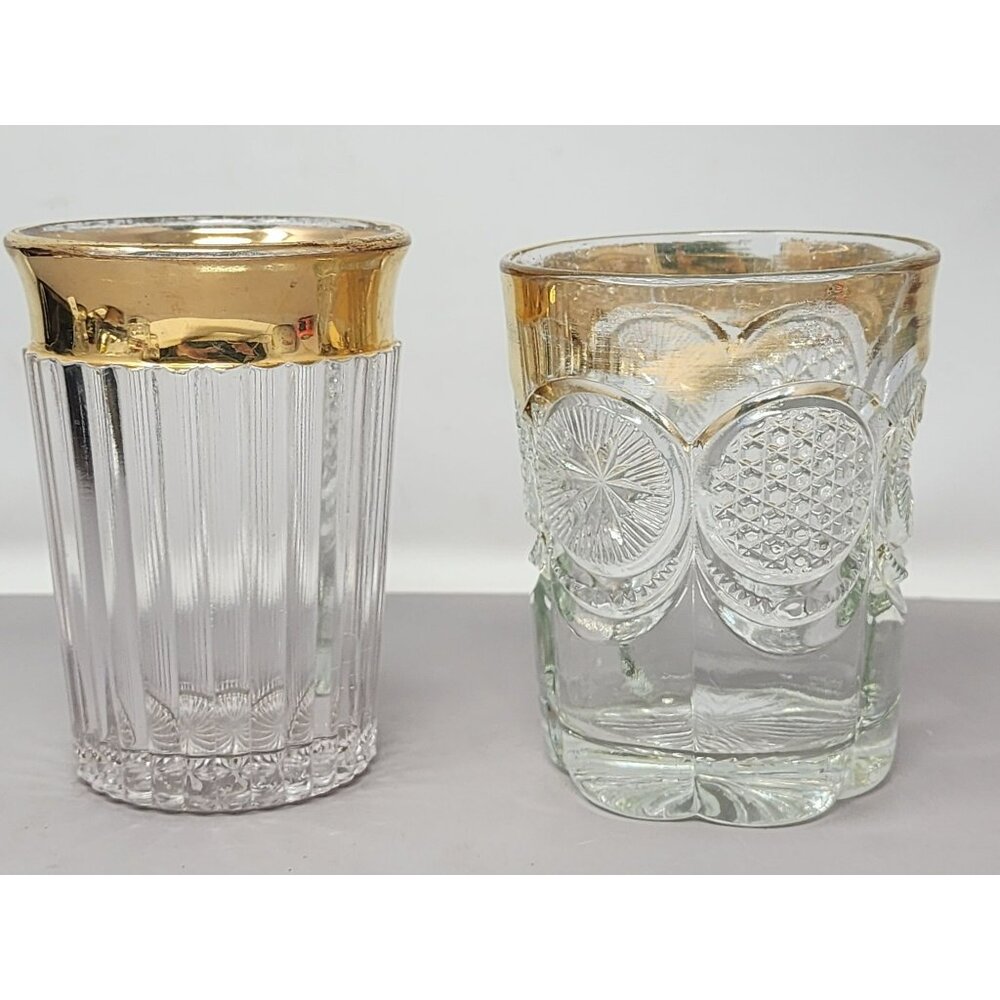 2 Vintage Gold Rimmed Pressed‎ Glass Tumblers Mid Century Modern